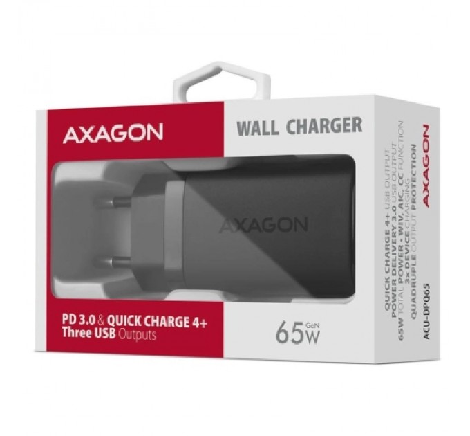 AXAGON Зарядний пристрій AXAGON 1xUSB + 2xUSB-C 65W QC4+ PD3.0 PPS black (ACU-DPQ65)