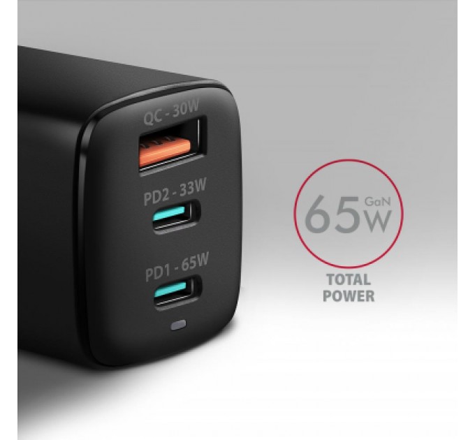 AXAGON Зарядний пристрій AXAGON 1xUSB + 2xUSB-C 65W QC4+ PD3.0 PPS black (ACU-DPQ65)