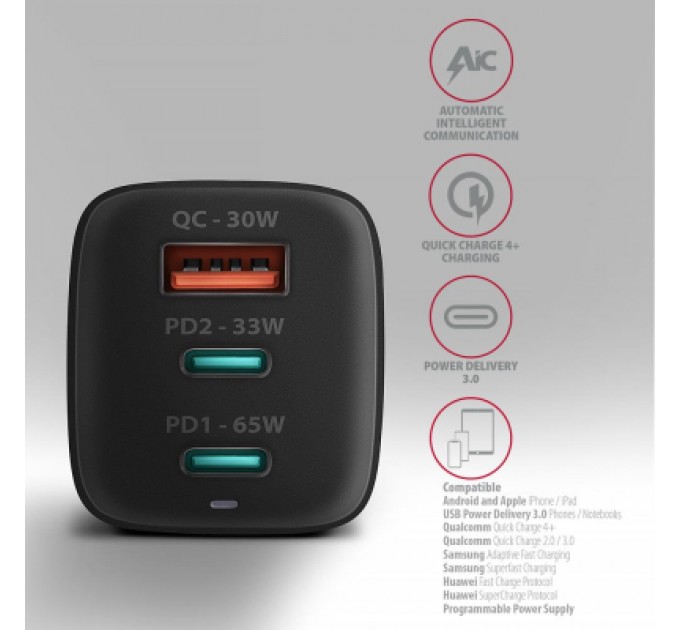 AXAGON Зарядний пристрій AXAGON 1xUSB + 2xUSB-C 65W QC4+ PD3.0 PPS black (ACU-DPQ65)