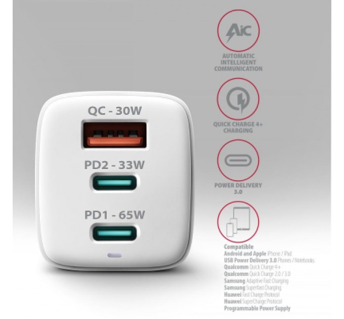 AXAGON Зарядний пристрій AXAGON 1xUSB + 2xUSB-C 65W QC4+ PD3.0 PPS white (ACU-DPQ65W)