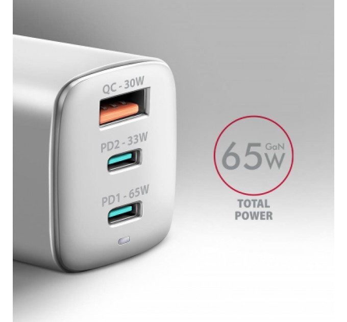 AXAGON Зарядний пристрій AXAGON 1xUSB + 2xUSB-C 65W QC4+ PD3.0 PPS white (ACU-DPQ65W)