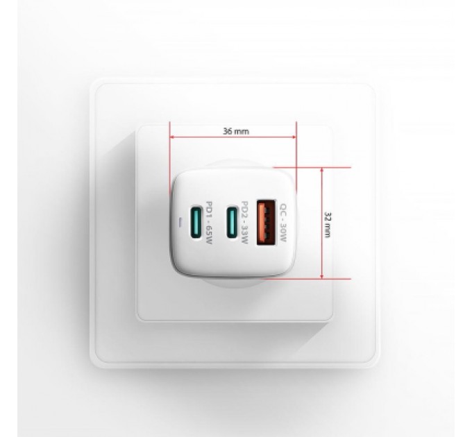 AXAGON Зарядний пристрій AXAGON 1xUSB + 2xUSB-C 65W QC4+ PD3.0 PPS white (ACU-DPQ65W)