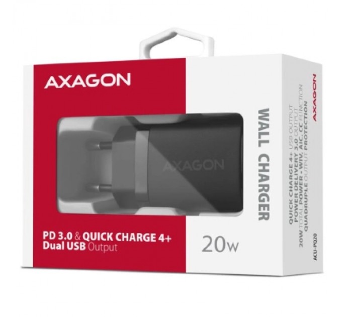 AXAGON Зарядний пристрій AXAGON 1xUSB QC3.0 + 1xUSB-C PD20W black (ACU-PQ20)