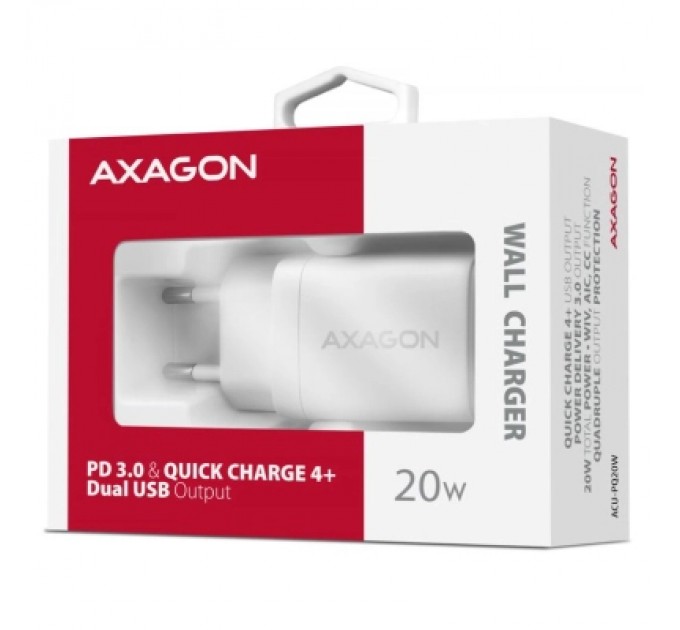 AXAGON Зарядний пристрій AXAGON 1xUSB QC3.0 + 1xUSB-C PD20W white (ACU-PQ20W)