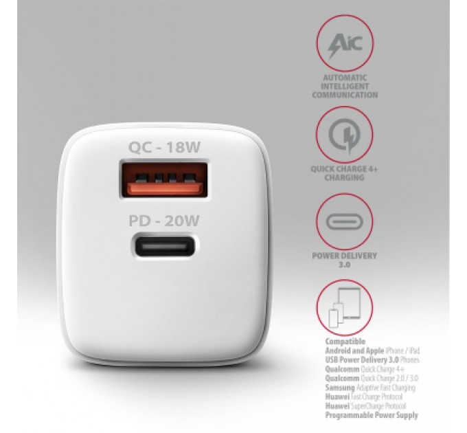 AXAGON Зарядний пристрій AXAGON 1xUSB QC3.0 + 1xUSB-C PD20W white (ACU-PQ20W)