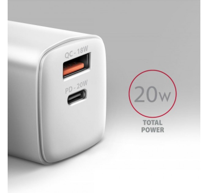 AXAGON Зарядний пристрій AXAGON 1xUSB QC3.0 + 1xUSB-C PD20W white (ACU-PQ20W)