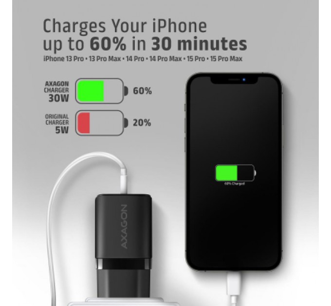 AXAGON Зарядний пристрій AXAGON 1xUSB QC4.0 + 1xUSB-C PD30W PPS black (ACU-PQ30)