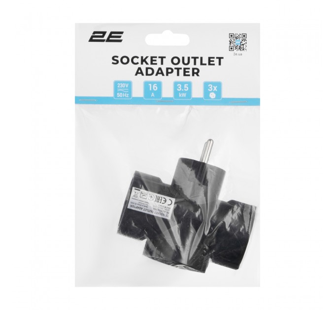 2E Мережевий адаптер 2E 3xТип F, 16A, чорний (2E-AD0103BK)
