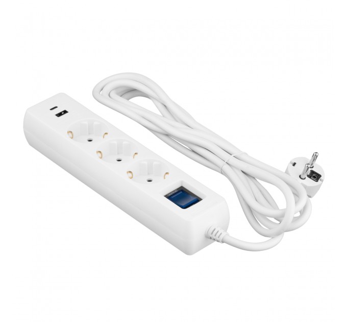 2E Мережевий фільтр 2E 3хSchuko, 1 х USB, 1 x USB-C, 3 м (2E-SP315M3USBWH)