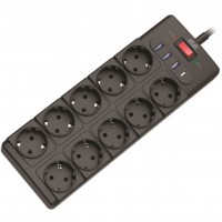 Мережевий фільтр 2E 10xТипF, 16A, 3xUSB-A, 1x USB-C, 3 м, чорний (2E-SP10M3USBBK)