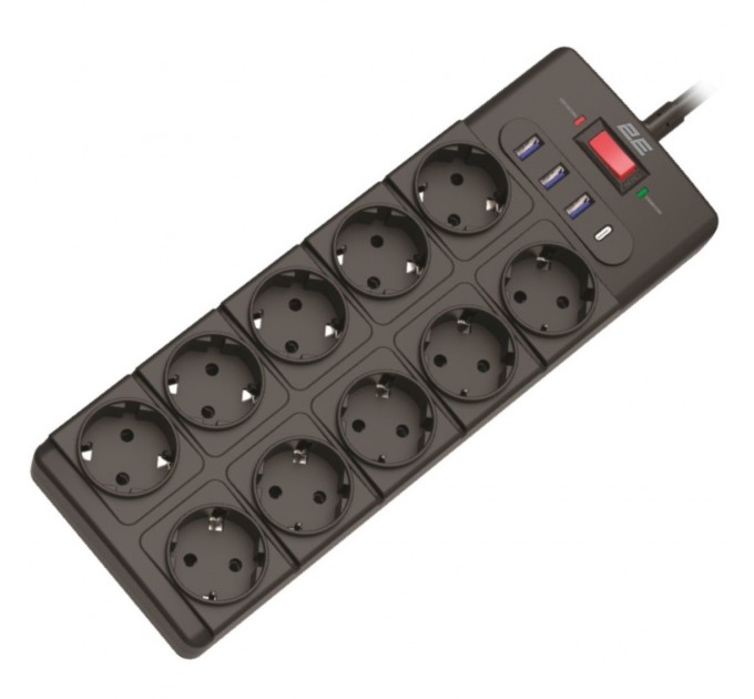 2E Мережевий фільтр 2E 10xТипF, 16A, 3xUSB-A, 1x USB-C, 3 м, чорний (2E-SP10M3USBBK)