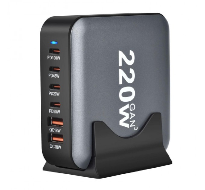 XoKo Зарядний пристрій XoKo 1xUSB-С PD100W + 1xUSB-С PD45W + 2xUSB-С PD20W + 2xUSB QC18W 220W GaN (QC-220)