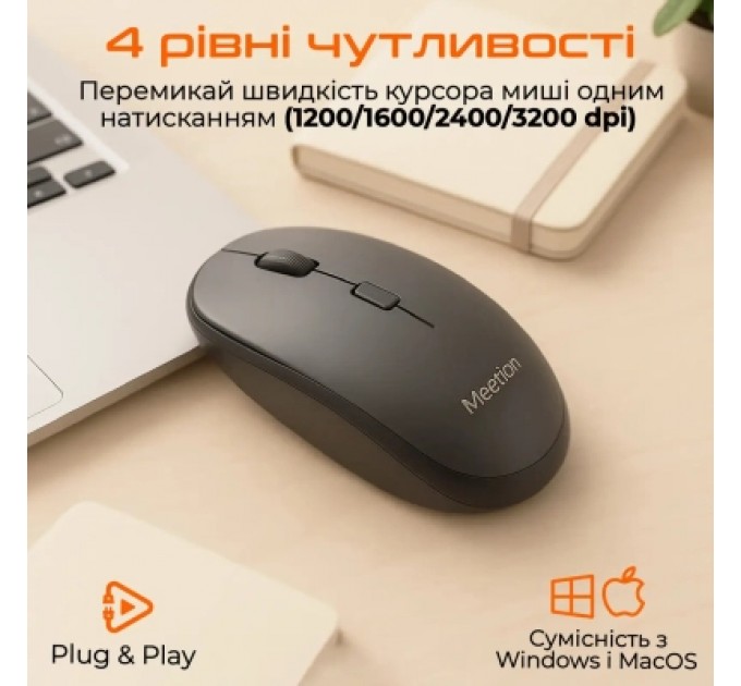 Meetion Мишка Meetion BTM100 Wireless/Bluetooth/USB Black (MT-BTM100-A)