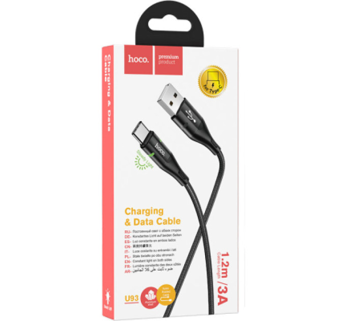 HOCO Дата кабель USB 2.0 AM to USB-C 1.2m 3A nylon aluminum with light indicator U93 black HOCO (6931474732170)