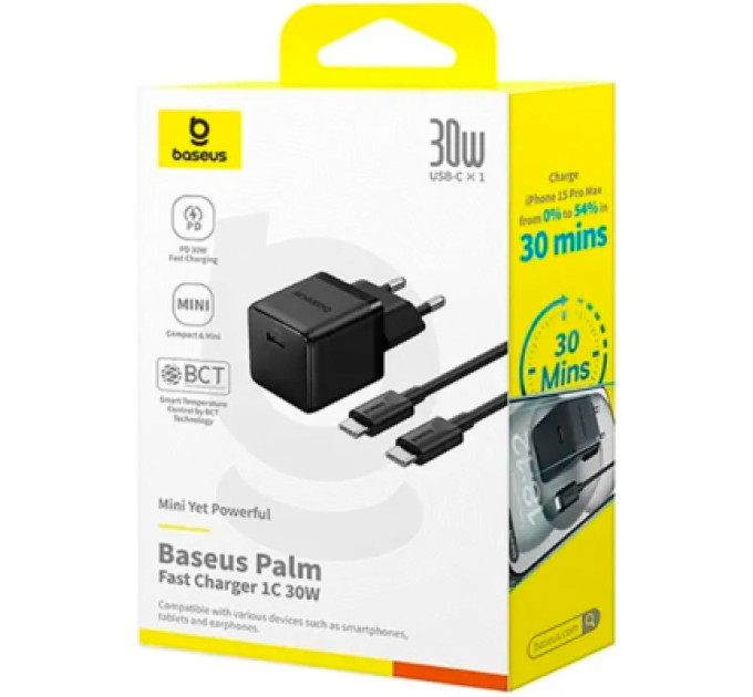 Baseus Зарядний пристрій Baseus Palm Fast Charger 1C 30W + Cable 1.0m Type-C 60W black (P10111605113-01)