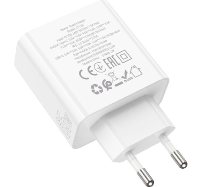 HOCO Зарядний пристрій HOCO C113A Awesome 1xUSB-C PD65W + 1xUSB QC3.0 White (6931474790910)