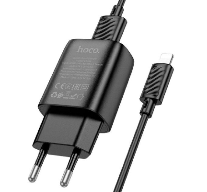 HOCO Зарядний пристрій HOCO C134A Solid USB + cable USB to Lightning Black (6942007621311)