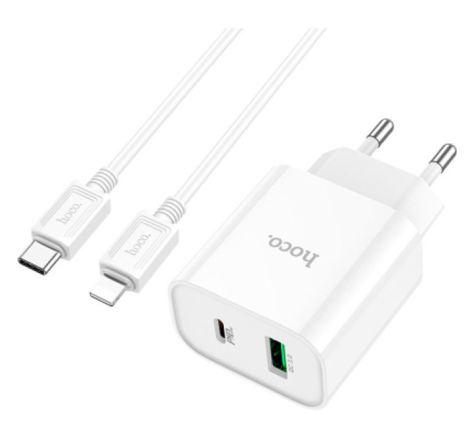 HOCO Зарядний пристрій HOCO C80A Plus Rapido 1xUSB-C PD20W + 1xUSB QC3.0 + cable USB-C to Lightning White (6931474779892)