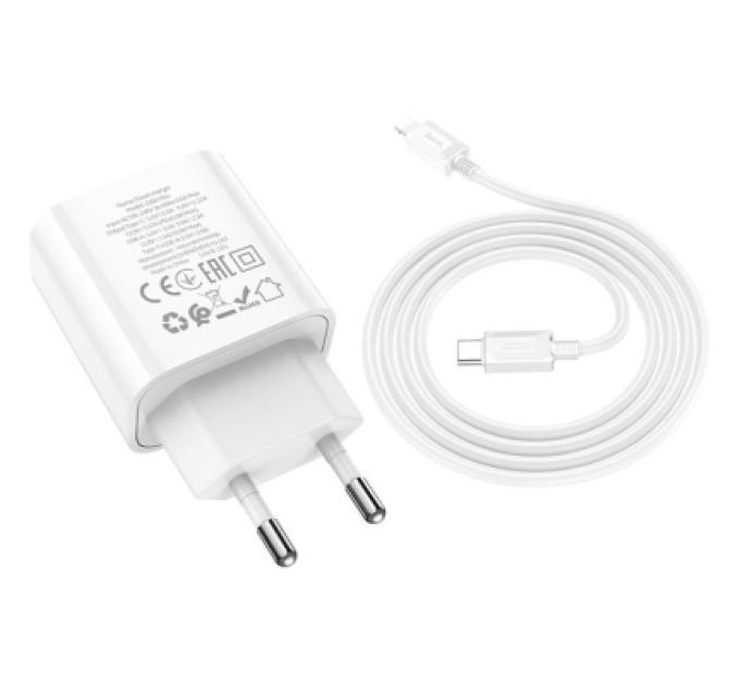 HOCO Зарядний пристрій HOCO C80A Plus Rapido 1xUSB-C PD20W + 1xUSB QC3.0 + cable USB-C to Lightning White (6931474779892)