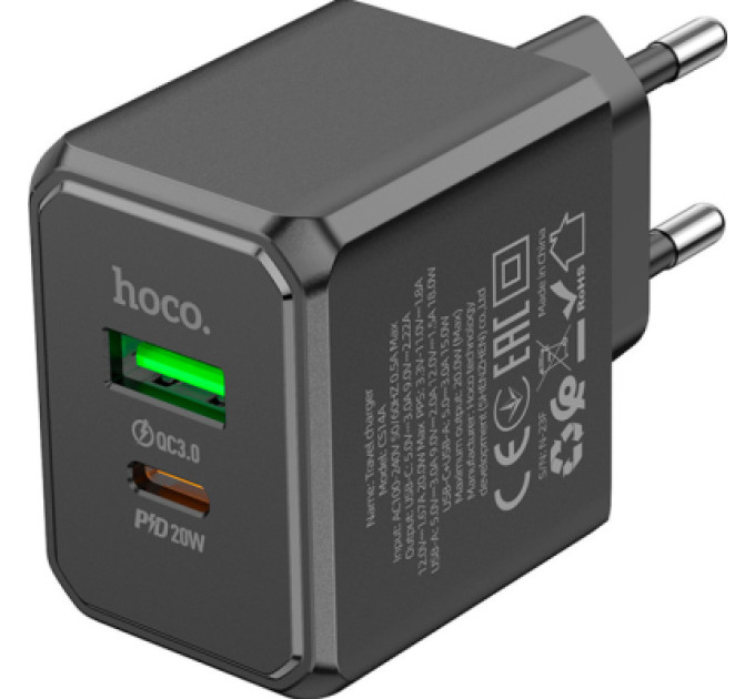 HOCO Зарядний пристрій HOCO CS14A Ocean 1xUSB-C PD20W + 1xUSB QC3.0 Black (6942007603898)