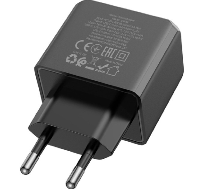 HOCO Зарядний пристрій HOCO CS14A Ocean 1xUSB-C PD20W + 1xUSB QC3.0 Black (6942007603898)
