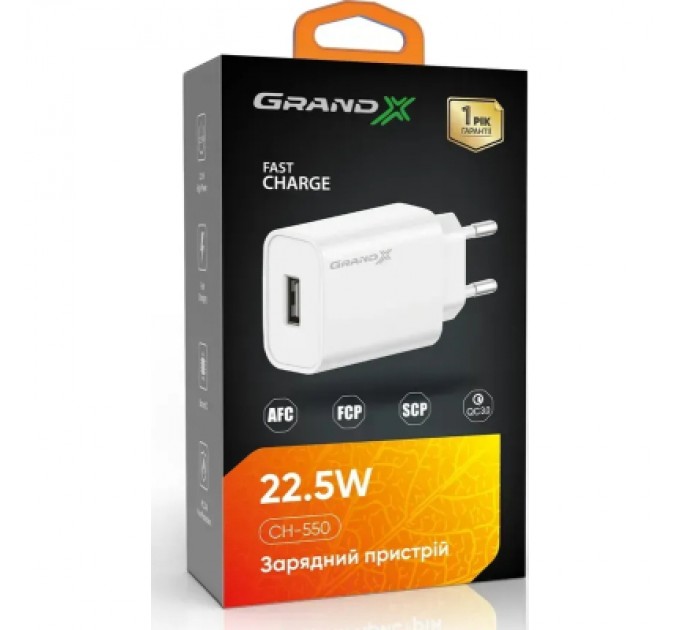 Grand-X Зарядний пристрій Grand-X Quick Charge QС3.0, + cable USB -> Type C 1m white (CH-550WT)