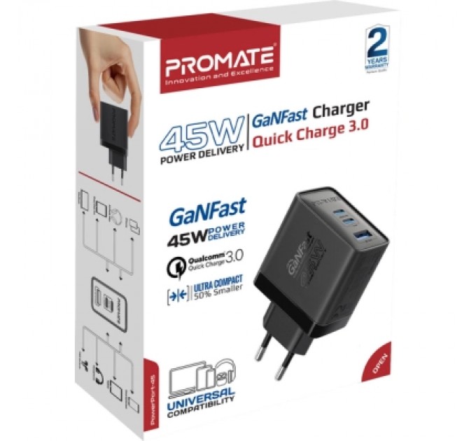 Promate Зарядний пристрій Promate powerport-45 2xUSB-C PD + USB-A QC 45W Black (powerport-45.black)