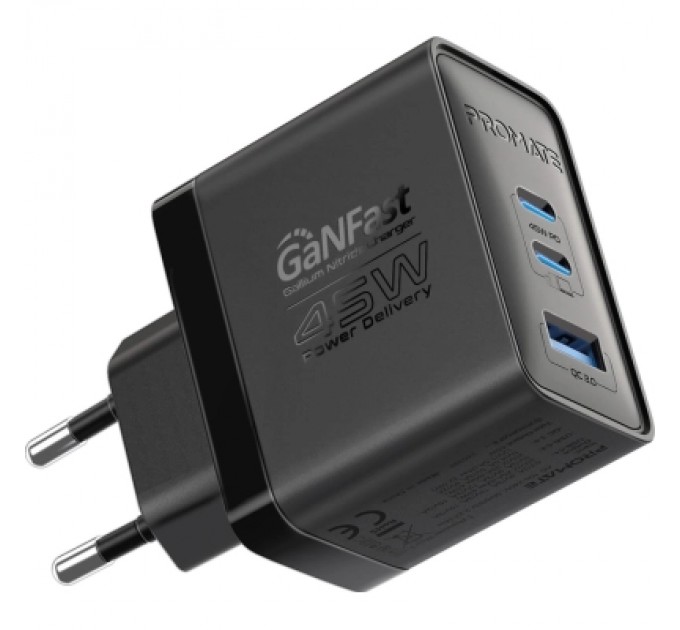 Promate Зарядний пристрій Promate powerport-45 2xUSB-C PD + USB-A QC 45W Black (powerport-45.black)