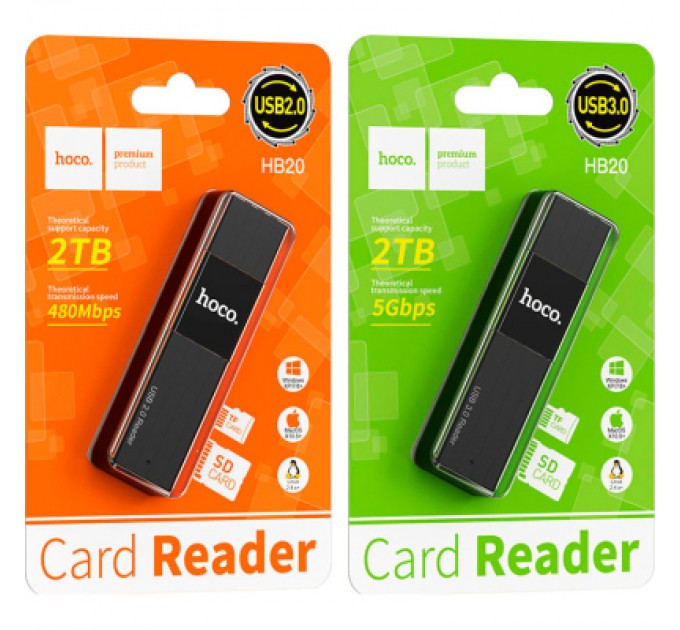 HOCO Зчитувач флеш-карт HOCO USB3.0 to microSD, microSDHC, microSDXC, SD, SDHC, SDXC, HB20 Black (6931474735218)
