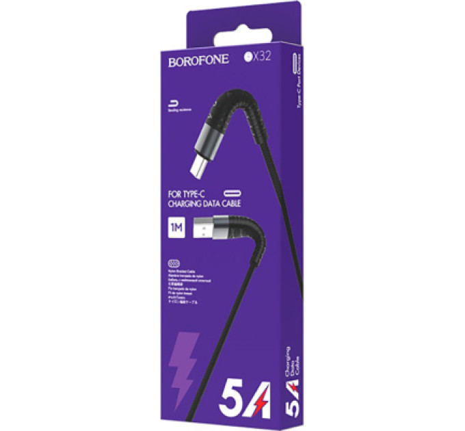 BOROFONE Дата кабель USB 2.0 AM to USB-C 1.0m 2.4A nylon BX32 black BOROFONE (6931474710451)