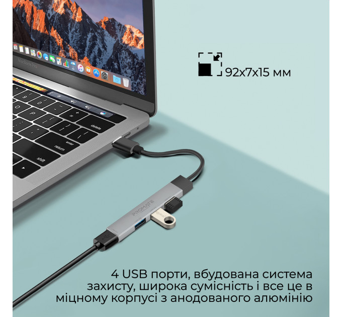 Promate USB-хаб Promate LiteHub-4 USB Type-C Grey