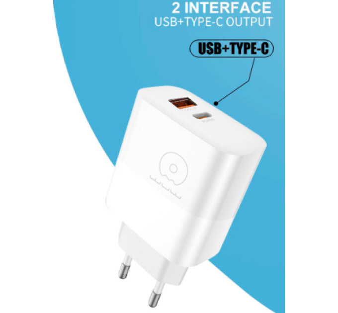 WUW Зарядний пристрій WUW C209 1xUSB-C PD45W + 1xUSB QC3.0 18W White (WUW-C209)