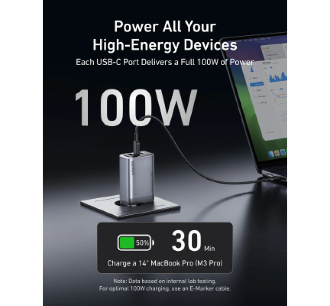 Anker Зарядний пристрій Anker GaNPrime 100W 2xUSB-C PD + 1xUSB-A Foldable Silver (A2688341)