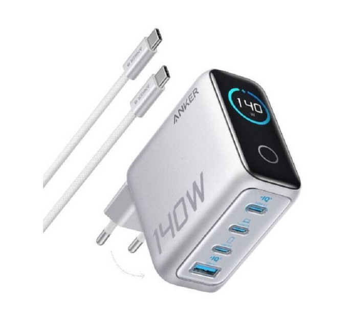 Anker Зарядний пристрій Anker Laptop GaN 140W 3xUSB-C PD3.1 + USB-A + display + cable Silver (B2697G41)