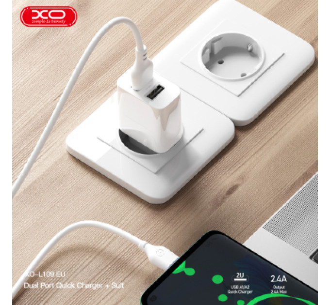 XO Зарядний пристрій XO L109 12W 2xUSB-A White (L109_White)