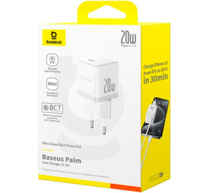 Baseus Зарядний пристрій Baseus Palm Fast Charger 1C 20W + Cable 1.0m Type-C 60W white (P10111602213-01)