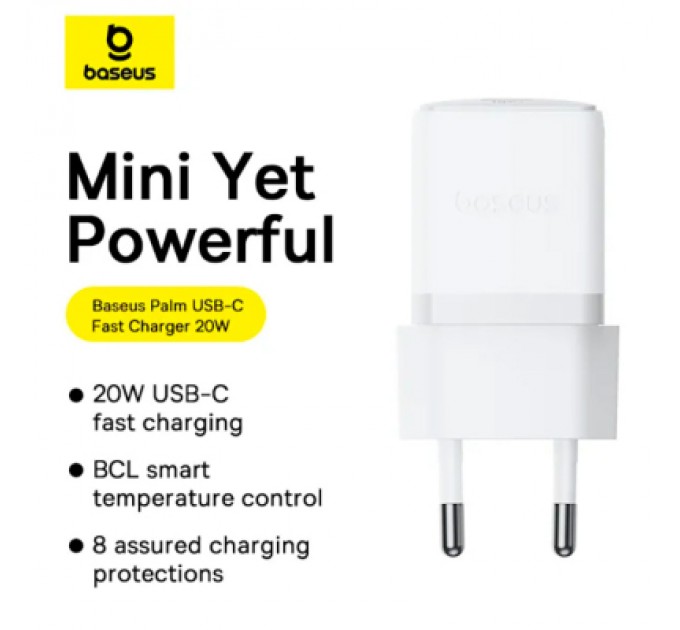 Baseus Зарядний пристрій Baseus Palm Fast Charger 1C 20W + Cable 1.0m Type-C 60W white (P10111602213-01)