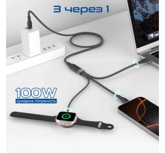 Promate Дата кабель USB-C to 2xUSB-C 100W + Apple Watch 5W 1.4m FUSION-CCW black Promate (fusion-ccw.black)