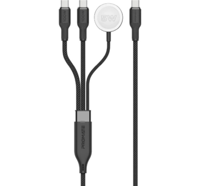 Promate Дата кабель USB-C to 2xUSB-C 100W + Apple Watch 5W 1.4m FUSION-CCW black Promate (fusion-ccw.black)