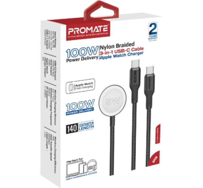 Promate Дата кабель USB-C to 2xUSB-C 100W + Apple Watch 5W 1.4m FUSION-CCW black Promate (fusion-ccw.black)