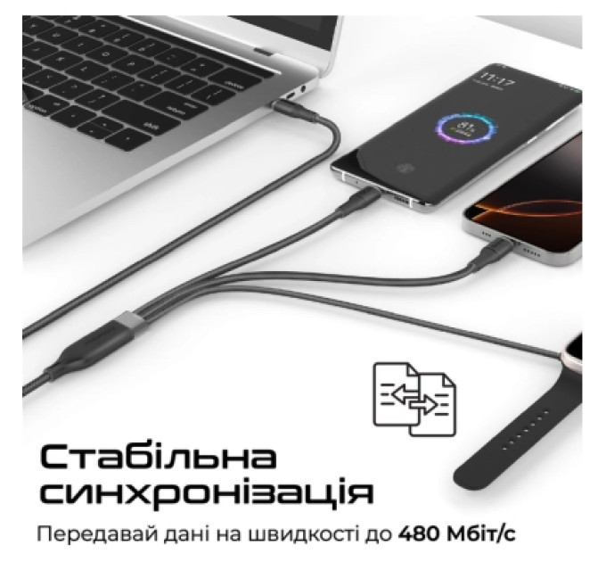 Promate Дата кабель USB-C to 2xUSB-C 100W + Apple Watch 5W 1.4m FUSION-CCW black Promate (fusion-ccw.black)