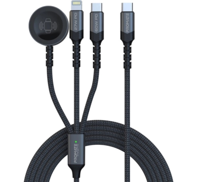 Promate Дата кабель USB-C to Lightning 27W + USB-C 60W + Apple Watch 2.5W 1.5m icharge trio black Promate (icharge-trio.black)