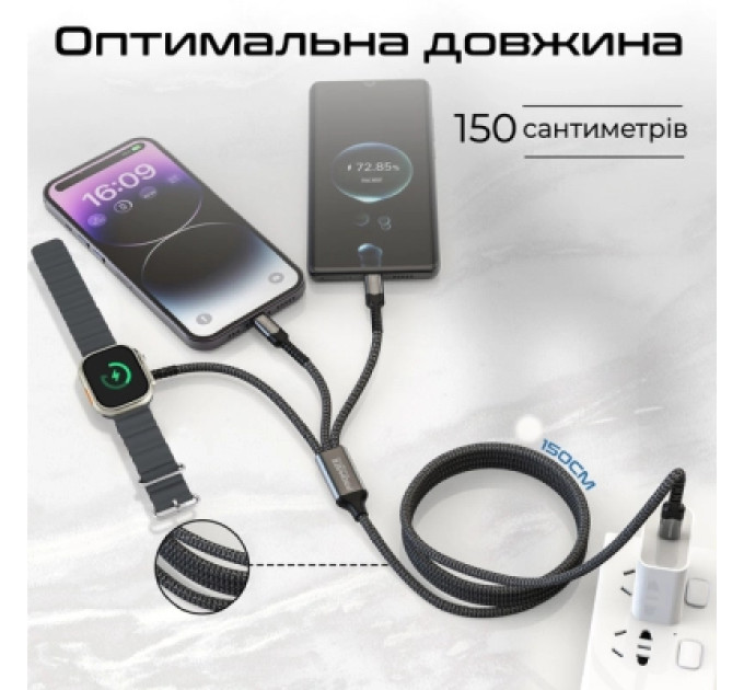 Promate Дата кабель USB-C to Lightning 27W + USB-C 60W + Apple Watch 2.5W 1.5m icharge trio black Promate (icharge-trio.black)