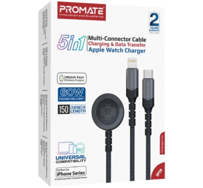 Promate Дата кабель USB-C to Lightning 27W + USB-C 60W + Apple Watch 2.5W 1.5m icharge trio black Promate (icharge-trio.black)