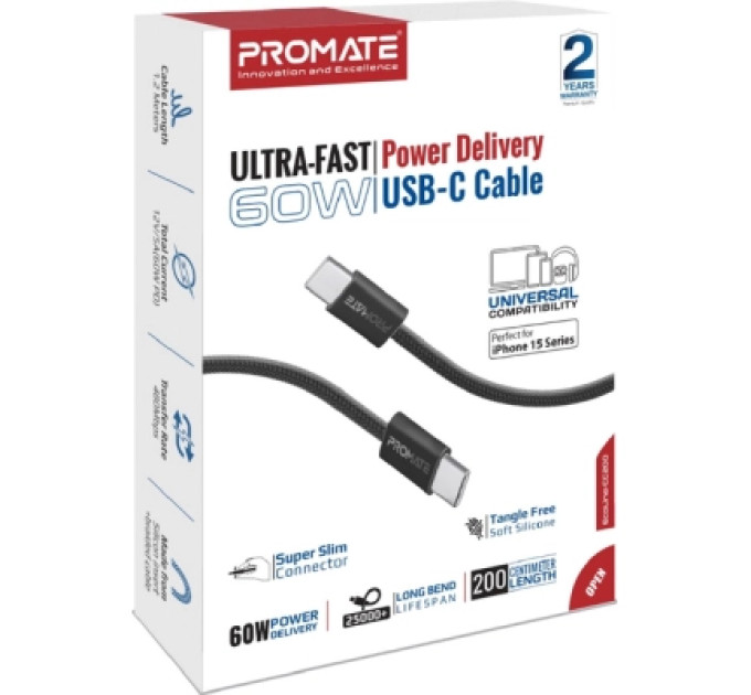 Promate Дата кабель USB-C to USB-C 2.0m 60W PD EcoLine-CC200 black Promate (ecoline-cc200.black)
