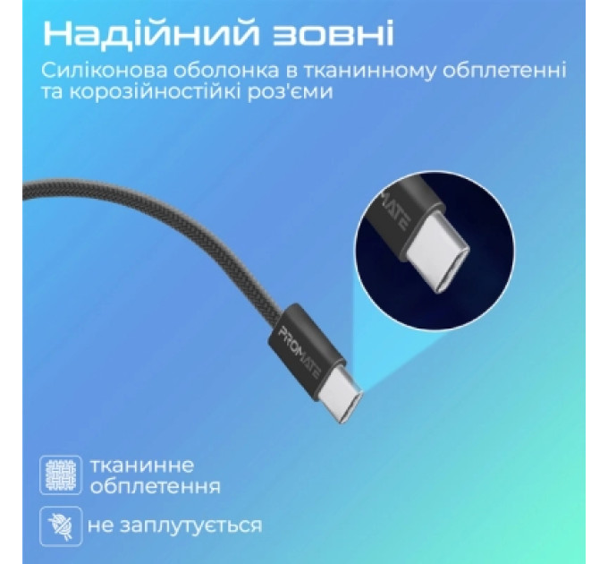 Promate Дата кабель USB-C to USB-C 2.0m 60W PD EcoLine-CC200 black Promate (ecoline-cc200.black)