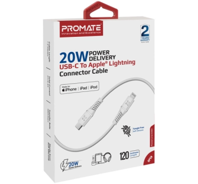 Promate Дата кабель USB-C to Lightning 1.2m 20W PD MFi POWERLINE-CI120 black Promate (powerline-ci120.white)