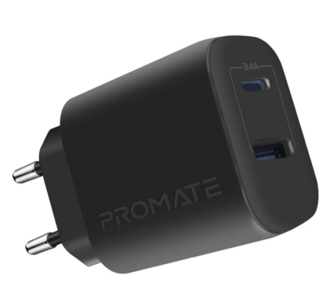 Promate Зарядний пристрій Promate biplug-2 USB-C + USB-A 17W Black (biplug-2.black)