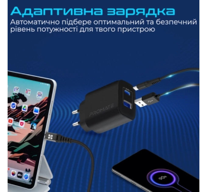 Promate Зарядний пристрій Promate biplug-2 USB-C + USB-A 17W Black (biplug-2.black)