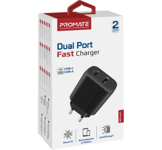 Promate Зарядний пристрій Promate biplug-2 USB-C + USB-A 17W Black (biplug-2.black)